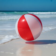 Red and White Beach Ball on Sandy Beach with Clear Blue Sea Summer Vacation Holiday Concept