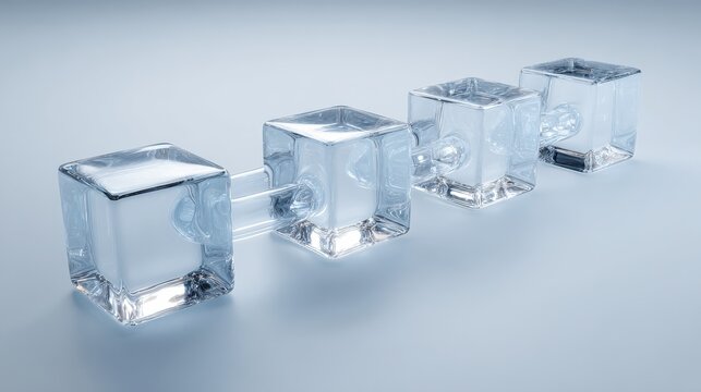 a minimalist composition of four interconnected transparent cubes forming a chain symbolizing concepts like blockchain synergy and secure networks