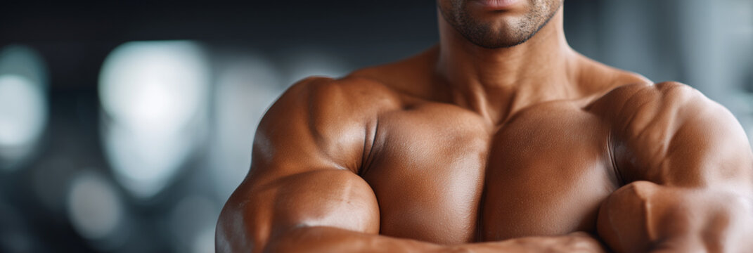 A man with a muscular chest and arms is posing for a picture. Concept of strength and confidence