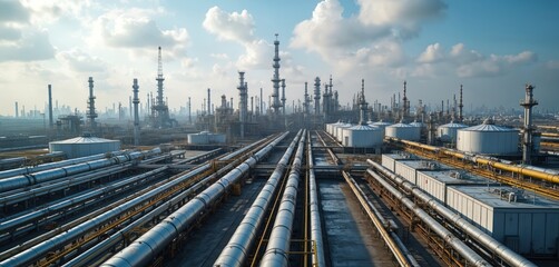 Fototapeta premium Sprawling industrial fuel refinery plant processes crude oil. Many pipes connect vast storage tanks, tall distillation towers. Important huge modern tech complex produces vital energy, fuel,