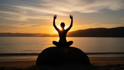 Practicing mindfulness by a lake with a mountain view during a golden sunrise. A silhouetted figure sits in a meditative pose, raising arms slowly - Powered by Adobe