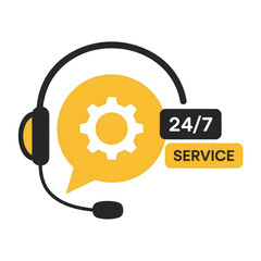 24/7 service icon with headset and gear support customer