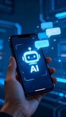 Hand Holding Smartphone with AI Chatbot Interface