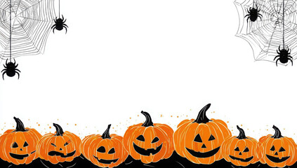 Halloween border with pumpkins and spider webs on a white background.