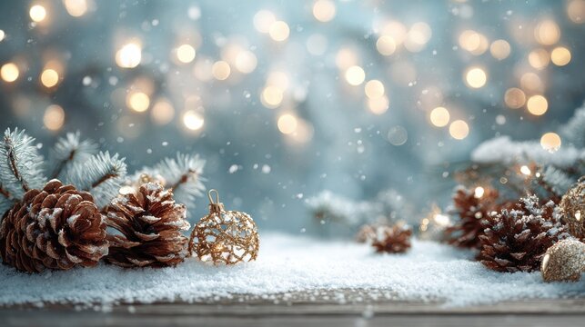 winter wonderland christmas decoration festive winterthemed background capturing the holiday season with snow pine cones ornaments and soft bokeh lights creating a serene atmosphere