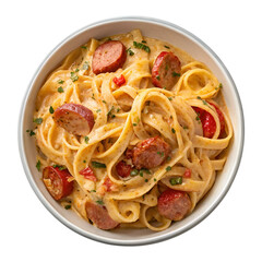 Creamy Cajun Sausage Pasta, Isolated on White Background