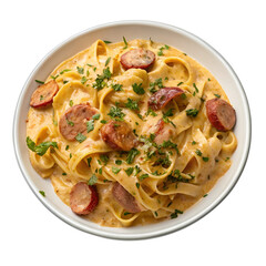 Creamy Cajun Sausage Pasta, Isolated on White Background