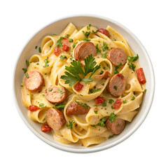 Creamy Cajun Sausage Pasta, Isolated on White Background
