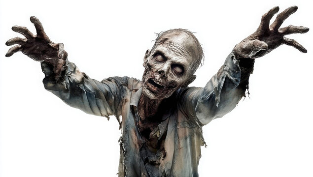A gruesome zombie with pale skin and outstretched arms, a terrifying undead creature.