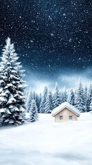 Naklejka premium A wooden cabin stands alone in a snowy field, surrounded by tall evergreen trees under a soft winter sky