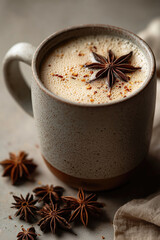 Hot star anise chai latte in a speckled ceramic mug