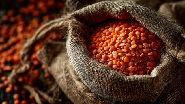 Red lentils in a burlap sack with scattered lentils on a wooden surface in a warm light setting