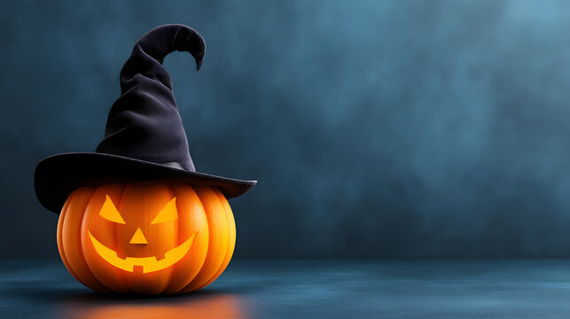 Halloween pumpkin with witch hat on blue background. Eerie glowing jack-o’-lantern spooky still life perfect for seasonal ads, banners, and festive marketing campaigns.