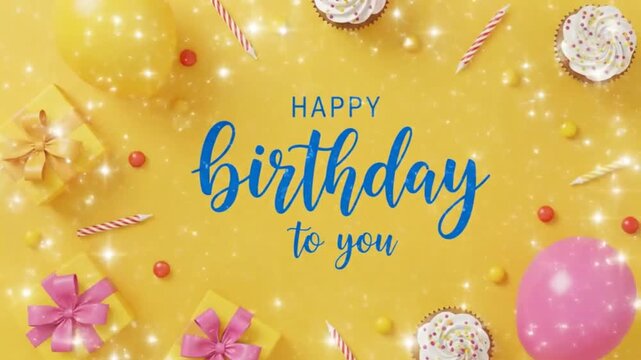 A vibrant display wishes 'Happy Birthday' with colorful balloons, delicious cupcakes, and festive gifts, creating a joyful celebration scene.
