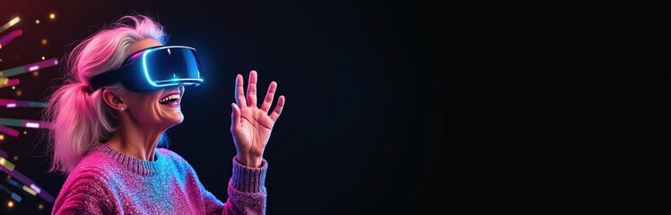 Elderly woman with pink hair wears modern VR headset. Smiles, interacts with virtual reality space. Grandma enjoys future tech, explores new digital worlds with augmented reality. Senior person