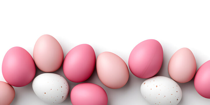 Arrangement of pink and white Easter eggs on white background, ideal for seasonal sales, holiday decor, and festive banners.