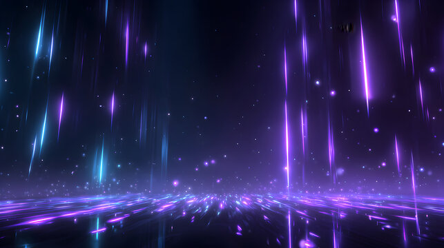 Abstract background with falling purple and blue light streaks and glowing particles, creating a futuristic and magical atmosphere with a reflective surface below