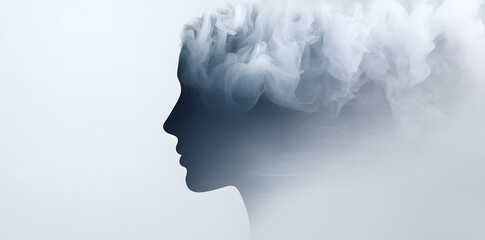 Side silhouette filled with grey rising smoke. Visual representation of mental strain, worry, and emotional burnout.