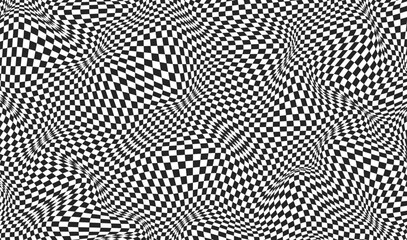 Abstract warped effect background. Black and white psychedelic pattern. Checkerboard wavy design for banner. Y2k distorted print. Optical illusion. Vector illustration