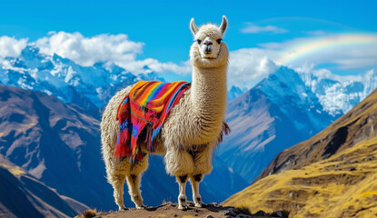 Obraz premium A majestic llama or alpaca stands proudly on a mountain ridge wearing a brightly colored, traditional woven Andean blanket 