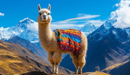 Obraz premium A majestic llama or alpaca stands proudly on a mountain ridge wearing a brightly colored, traditional woven Andean blanket 