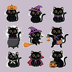 Set of cute black cats for Halloween. Funny icons. Vector illustration.