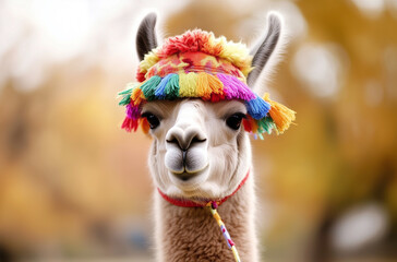 Obraz premium Portrait of a llama or alpaca decorated with colorful clothes against blurred background