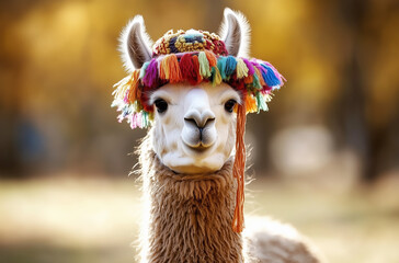 Obraz premium Portrait of a llama or alpaca decorated with colorful clothes against blurred background