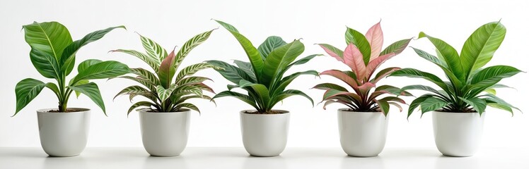 Five Aglaonema plants in white pots against a white backdrop. Green and pink leaves of different shapes give a fresh look. Indoor home plants displayed for sale or decor.