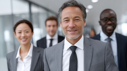 Group of diverse business professionals smiling and walking confidently in modern corporate office