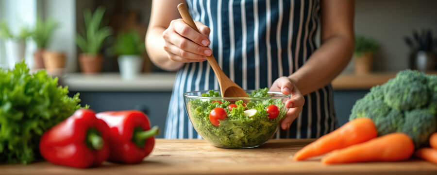 Woman prepares fresh salad in kitchen. She mixes vegetables tomatoes and greens with wooden spoon in glass bowl. Healthy eating and balanced diet concept.