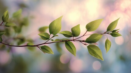 young branch with fresh green leaves soft pastel sky morning sunlight dreamy natural bokeh highresolution photography