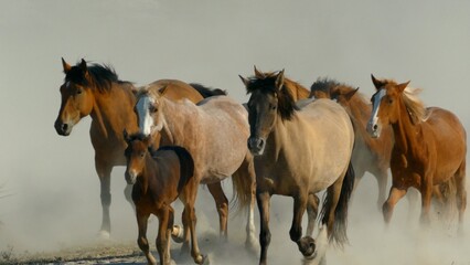 close-up - herd of horses on a dusty road