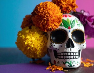 Day of the Dead Sugar Skull with Marigold Flowers—Colorful Mexican Holiday Altar Still Life