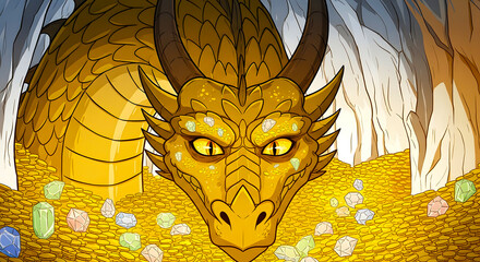 A majestic golden dragon with glowing yellow eyes fiercely guarding its glittering hoard of treasure, coins, and gems inside a dark cave