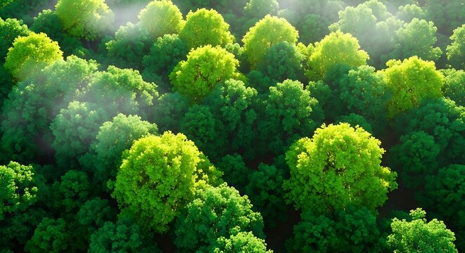 Aerial view of a dense forest canopy with vibrant green trees