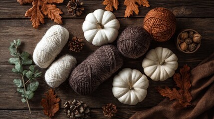 Fototapeta premium rustic autumn crafting frame featuring white pumpkins balls of warmcolored yarn and fall decor arranged on a dark wood surface a cozy topview flat lay with copy space for creative content