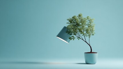 Mini Tree Lamp Growing From Pot With Teal Background, A Creative Indoor Plant Lighting Concept