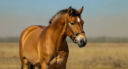 Majestic Chestnut Horse Standing in a Golden Field Under a Clear Blue Sky