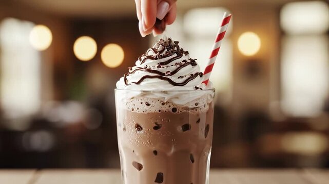 Delicious Chocolate Frappe with Whipped Cream and Chocolate Drizzle.