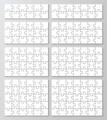Process jigsaw grid set. Eight puzzles infographics collection. diagram presentation. Business chain infographic. Business info graphic with steps, parts. Vector illustration