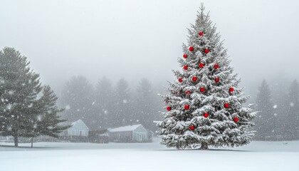 Majestic Christmas Tree Adorned with Red Ornaments Standing Tall in a Snow Covered Winter Field
