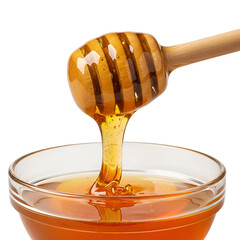 Golden Honey Dripping from Wooden Dipper into Bowl