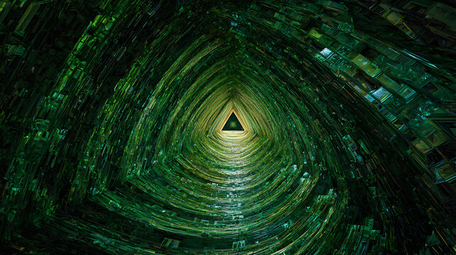 Explore a vibrant green tunnel of light and geometric wonders, an abstract portal to new dimensions and creative possibilities, a stunning modern backdrop