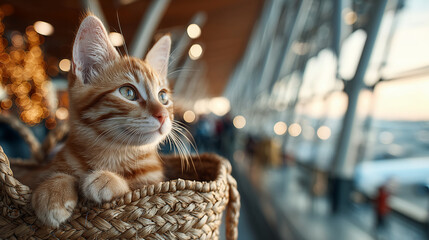 Ginger cat with bright green eyes resting in a woven basket, gazing out at a bustling airport terminal filled with travelers and soft ambient lighting