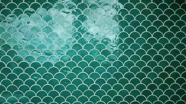 Glossy teal fish scale ceramic tile texture wall with sharp texture detail, interior; background backplate copyspace template.