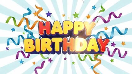 This vibrant graphic showcases a happy birthday celebration with colorful streamers and sparkling stars bursting joyfully on a striped background, perfect for a festive greeting. - Powered by Adobe