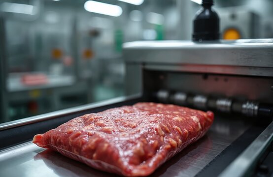 Packed ground meat moves on conveyor belt. Food product passes through metal detector machine. Automatic process ensures quality, safety in meat production at factory. Modern industrial food tech