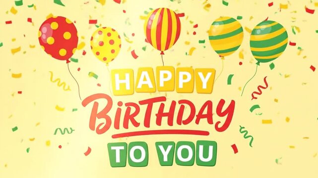 A vibrant happy birthday greeting features a joyful message, colorful floating balloons, and festive falling confetti on a cheerful yellow background.