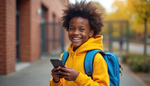 Happy African American boy in yellow hoodie holds phone, smiles. Looks at mobile device outside school building entrance. Young child student with blue backpack enjoys screen time, communicating